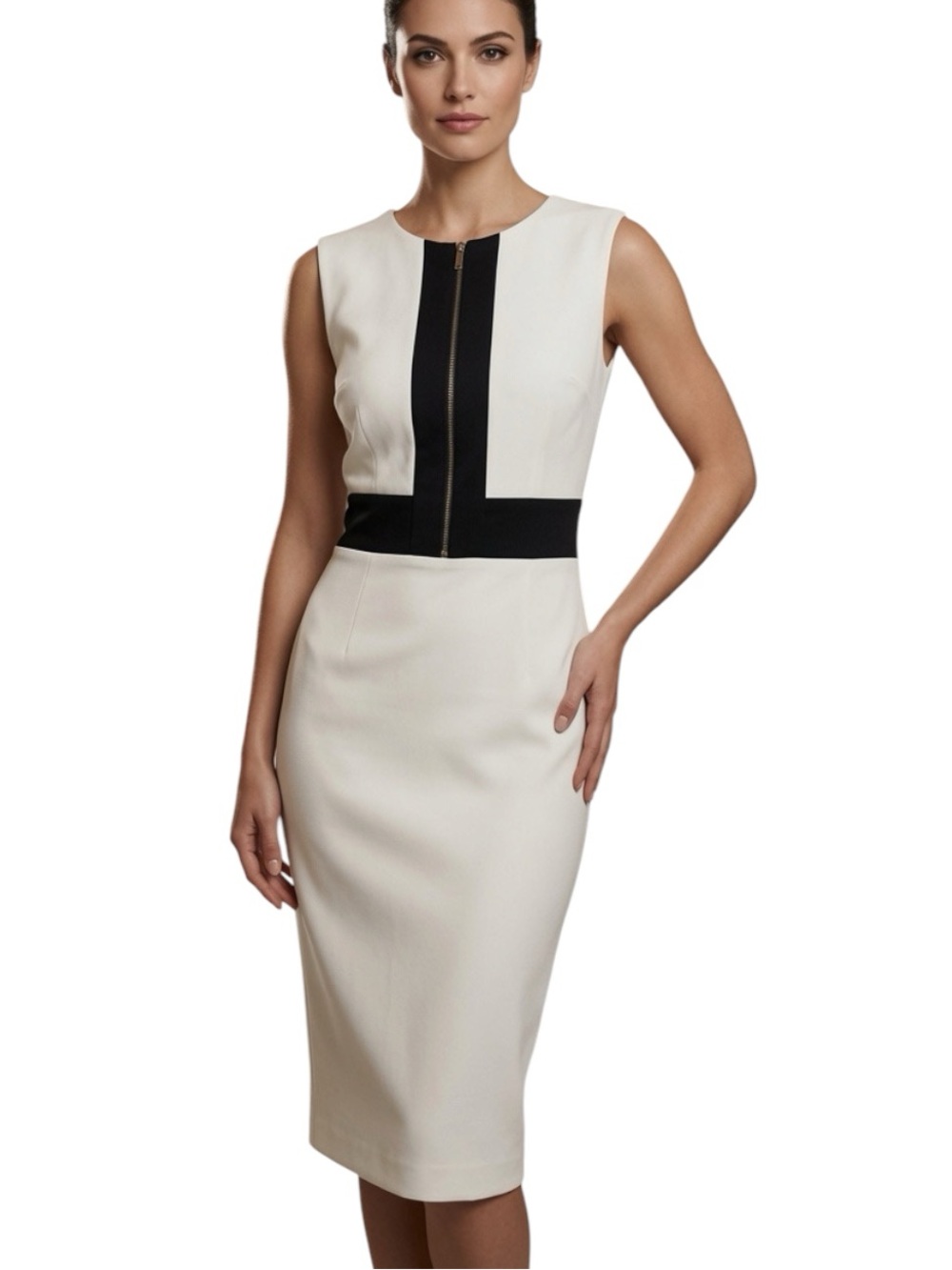 CALVIN KLEIN: NWT Sleeveless White Fitted Sheath Midi Dress -Size 12
